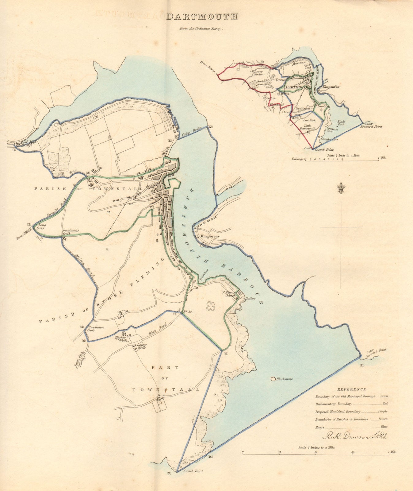 DARTMOUTH borough/town plan. BOUNDARY REVIEW. Devon. DAWSON 1837 old map